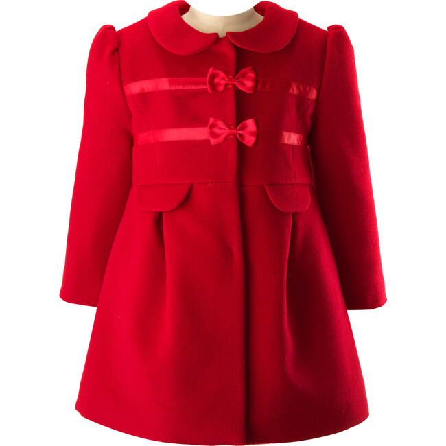 Bow Trim Peter Pan Collar Long Puff Sleeve Flap Pocket Coat, Red