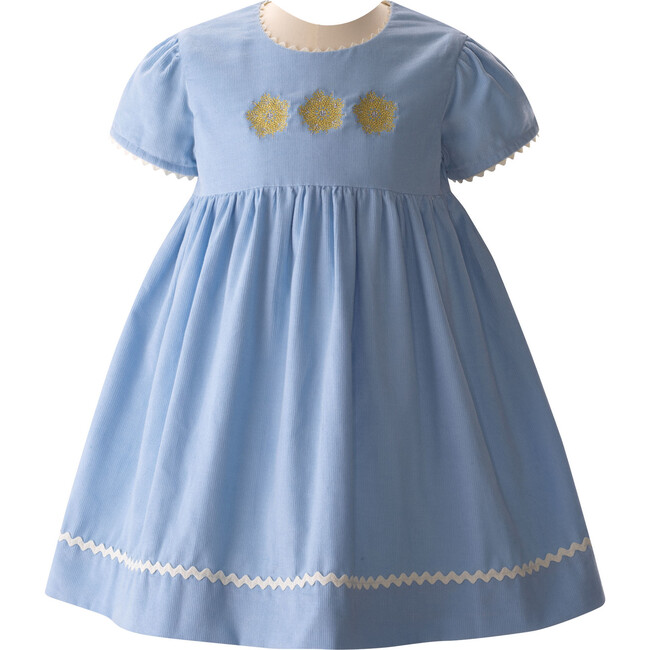 Baby Snowflake Embroidered Ric Rac Ribbon Trim Short Puff Sleeve Dress, Blue - Dresses - 1