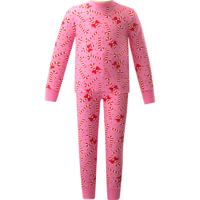 Candy Cane Elastic Cuff Long Sleeve Jersey Pajamas, Pink