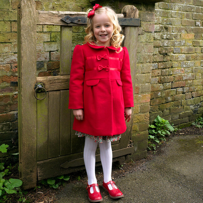 Bow Trim Peter Pan Collar Long Puff Sleeve Flap Pocket Coat, Red - Coats - 3