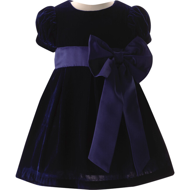 Baby Crushed Velvet Bow Ribbon Tie Short Puff Sleeve Dress, Navy