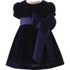 Baby Crushed Velvet Bow Ribbon Tie Short Puff Sleeve Dress, Navy - Dresses - 1 - thumbnail