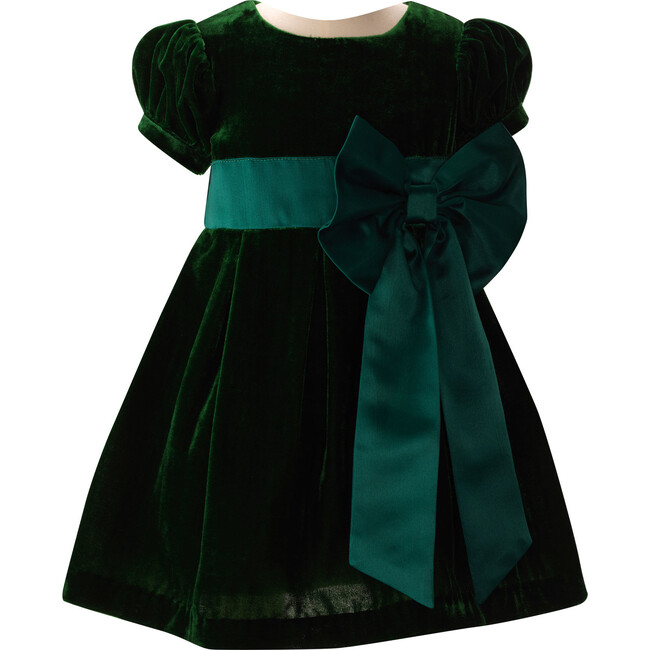 Baby Crushed Velvet Bow Ribbon Tie Short Puff Sleeve Dress, Green