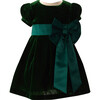 Baby Crushed Velvet Bow Ribbon Tie Short Puff Sleeve Dress, Green - Dresses - 1 - thumbnail