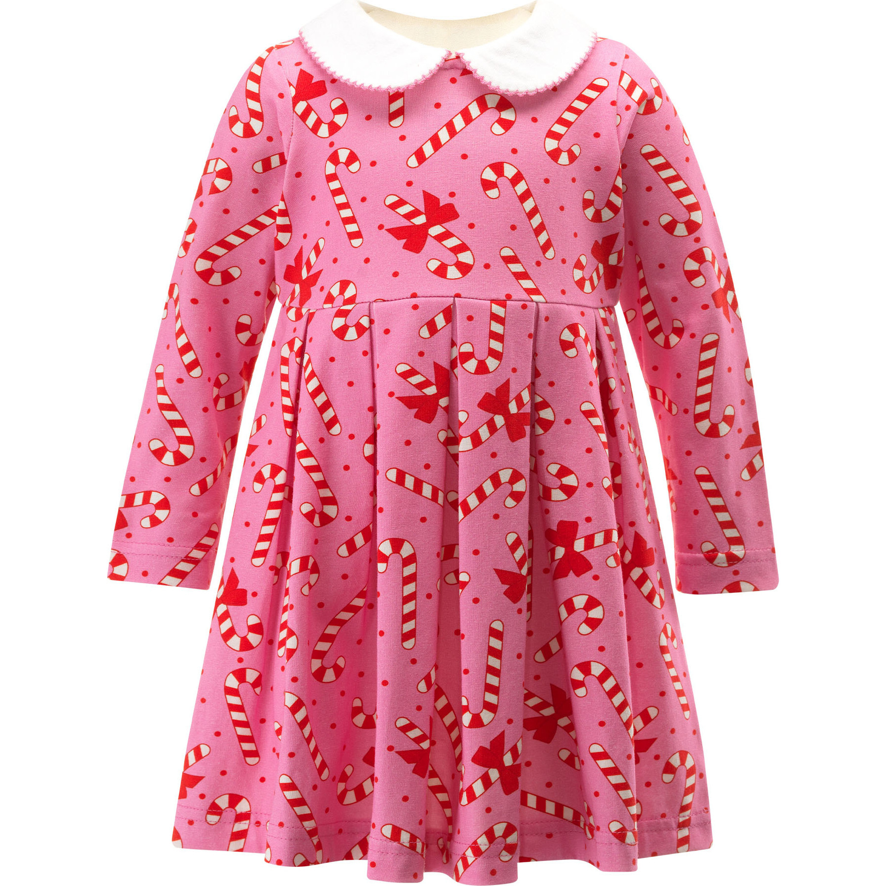 Baby Candy Cane Peter Pan Collar Long Sleeve Jersey Skirt Dress, Pink - Dresses - 1