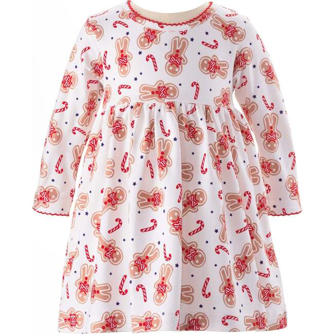 Baby Gingerbread Print Trim Gathered Skirt Jersey Dress, Red