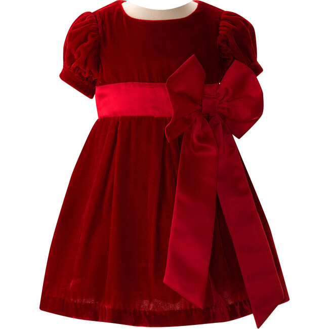 Baby Crushed Velvet Bow Ribbon Tie Short Puff Sleeve Dress, Red