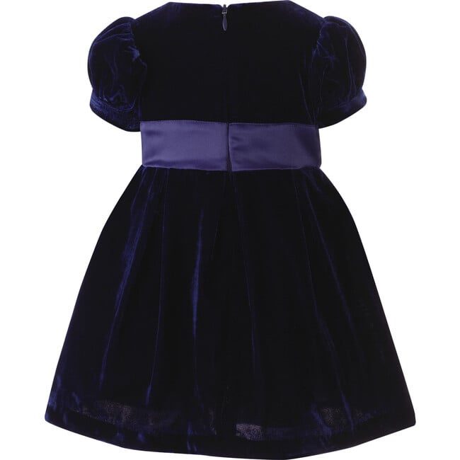 Baby Crushed Velvet Bow Ribbon Tie Short Puff Sleeve Dress, Navy - Dresses - 2