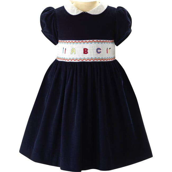 ABC Peter Pan Collar Short Puff Sleeve Smocked Dress, Navy