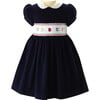 ABC Peter Pan Collar Short Puff Sleeve Smocked Dress, Navy - Dresses - 1 - thumbnail