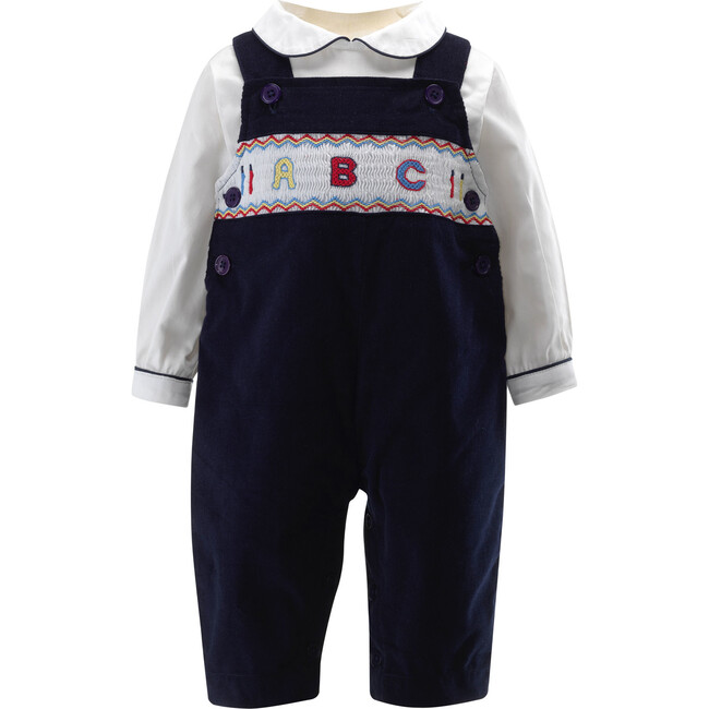 ABC Embroidered Peter Pan Collar Elastic Waist Smocked Overall Set, Navy