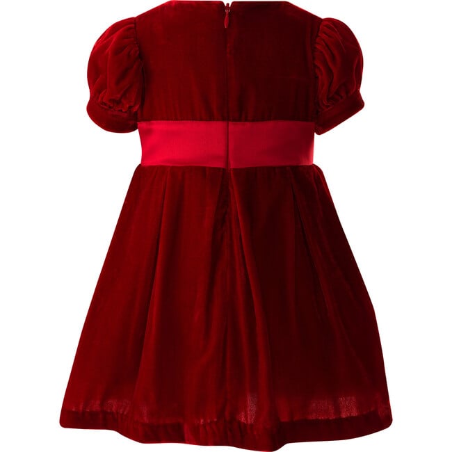 Baby Crushed Velvet Bow Ribbon Tie Short Puff Sleeve Dress, Red - Dresses - 2