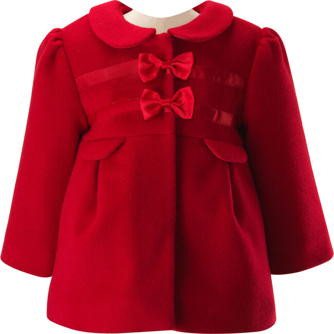 Baby Bow Trim Peter Pan Collar Long Puff Sleeve Flap Pocket Coat, Red