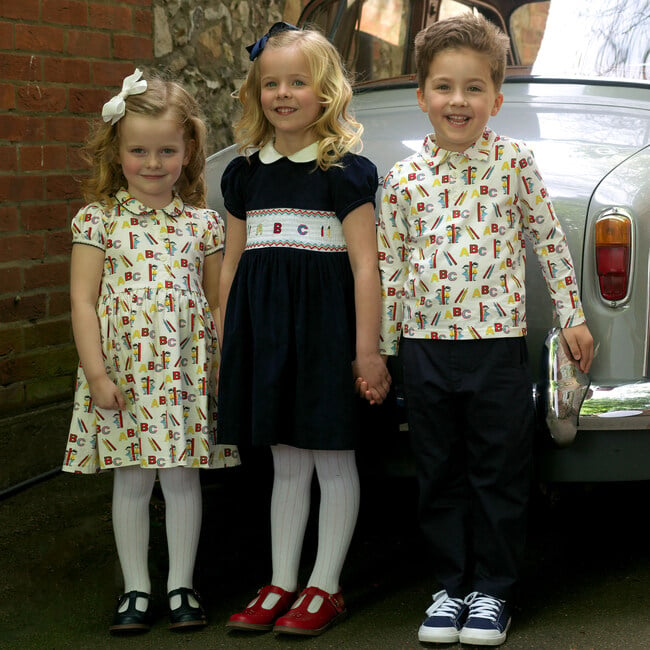 ABC Peter Pan Collar Short Puff Sleeve Smocked Dress, Navy - Dresses - 3