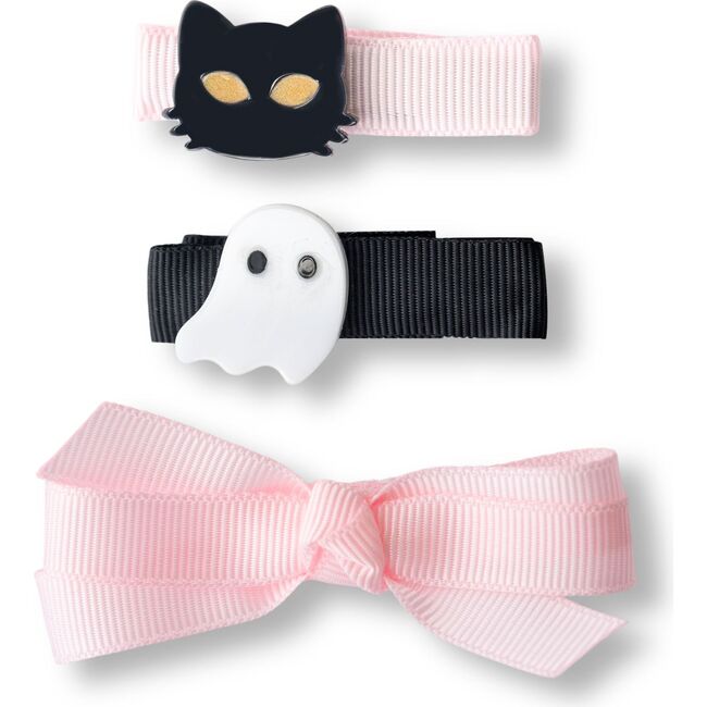 Cat Ghost and Fabric Bow Pink Baby Hair Clips