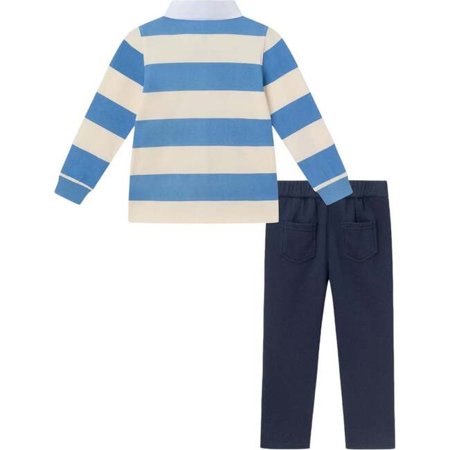 Kids Rugby Shirt & Pique Pant Set, Blue Cream Striped - Mixed Apparel Set - 2