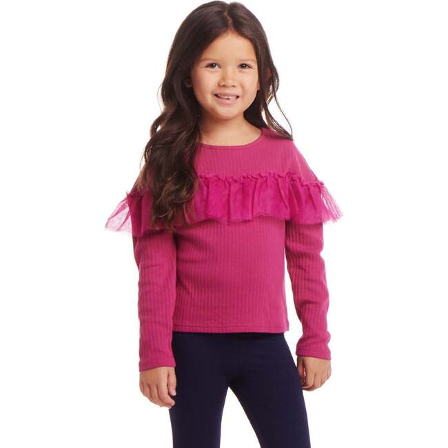 Kids Rib Knit Long Sleeve Ruffle Top, Hot Pink - Blouses - 2