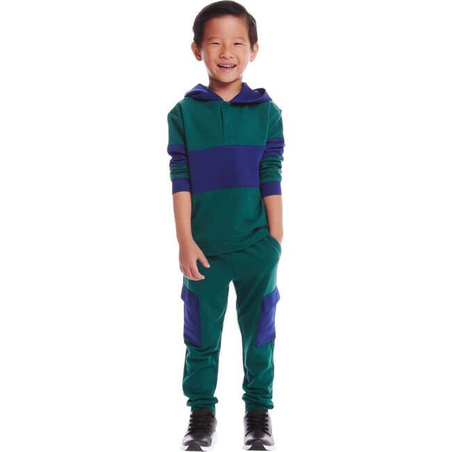 Kids Navy & Green Color Blocked Terry Hoodie & Pant Set - Mixed Apparel Set - 2