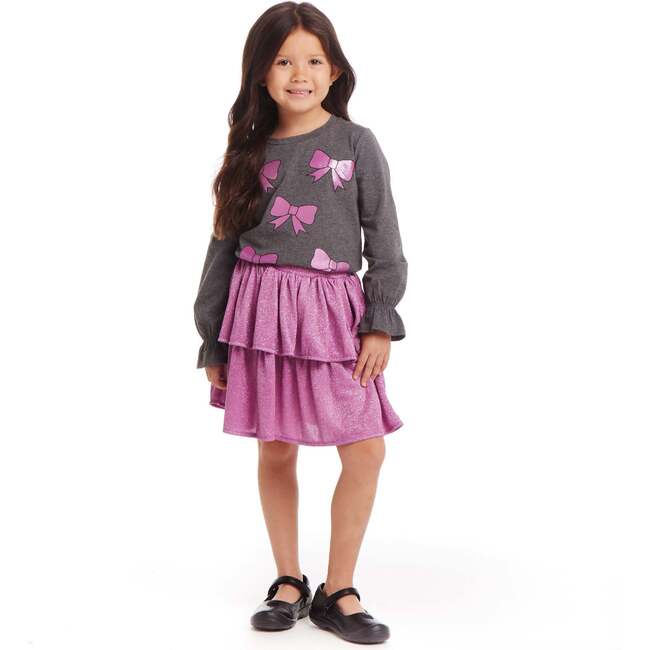 Kids Long Sleeve Bows Graphic Top & Glitter Skirt Set, Grey - Mixed Apparel Set - 2