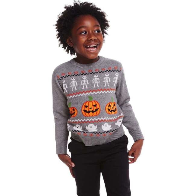 Kids Intarsia Halloween Sweater, Grey - Sweaters - 2