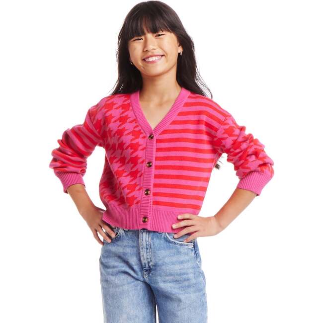 Kids Houndstooth/Stripe Cropped Cardigan, Pink Red - Cardigans - 2