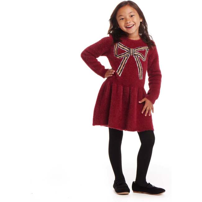 Kids Eyelash Sweater Dress, Red Bow - Dresses - 2