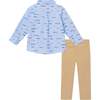 Kids Chambray Buttondown & Cognac Pant Set, Racecars - Mixed Apparel Set - 2