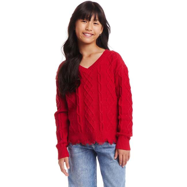 Kids Cable Knit V-Neck Sweater, Red - Sweaters - 2