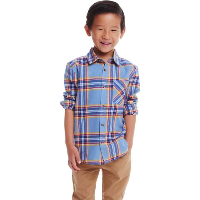 Kids Brushed Twill Buttondown, Blue Plaid - Button Downs - 2