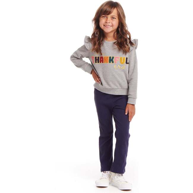 Kids "THANKFUL" Ruffle Crewneck Sweater & Legging Set, Grey and Navy - Mixed Apparel Set - 2