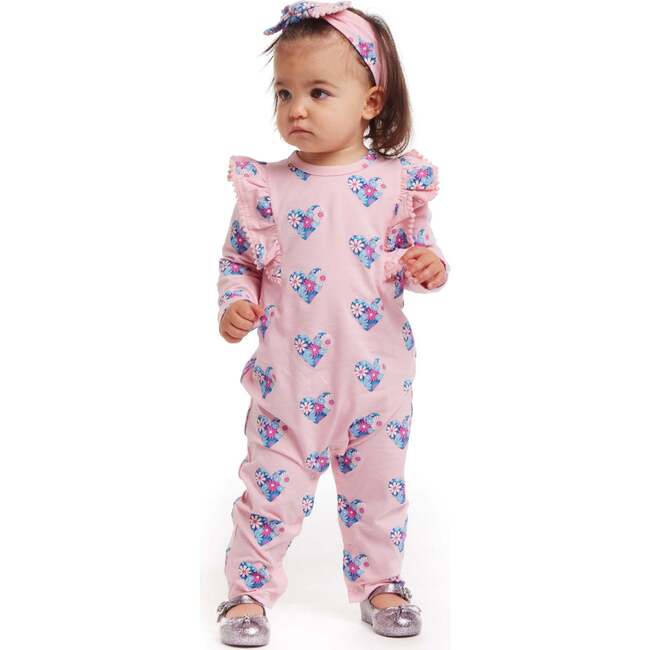 Infant Pink Long Sleeve Romper & Headband Set, Hearts & Flowers - Rompers - 2