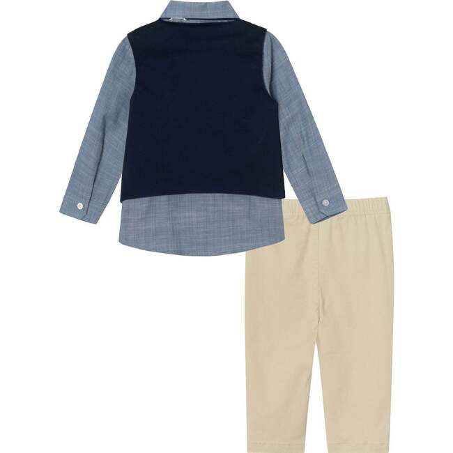 Infant Blue Chambray Buttodown w/ Bowtie, Navy Vest, & Pant Set - Suits & Separates - 2