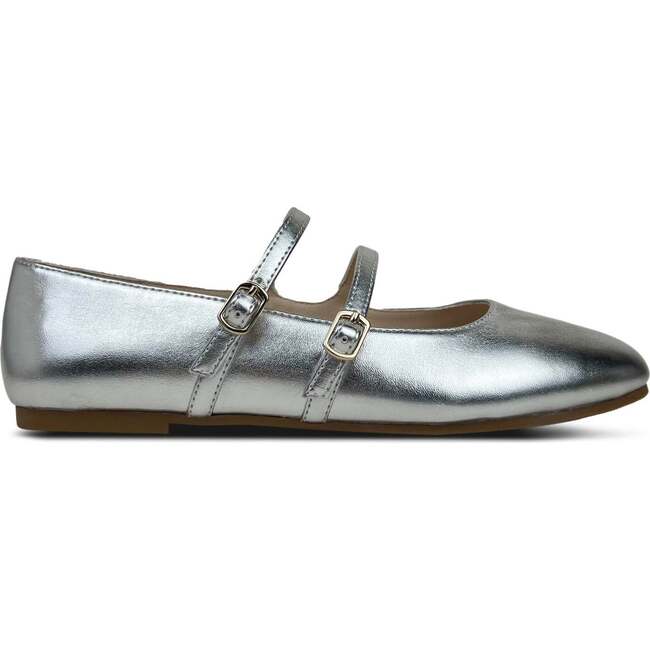 Miss Mary Jane Double Buckle Straps Rubber Sole Flats, Silver