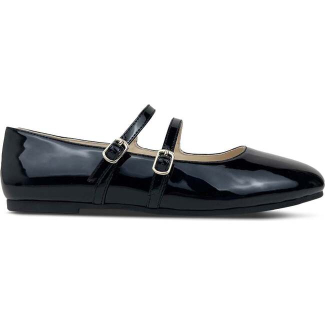 Miss Mary Jane Double Buckle Straps Rubber Sole Flats, Black Patent