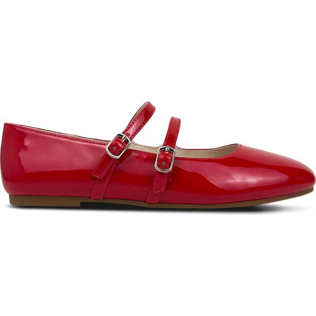 Miss Mary Jane Double Buckle Straps Rubber Sole Flats, Red Patent