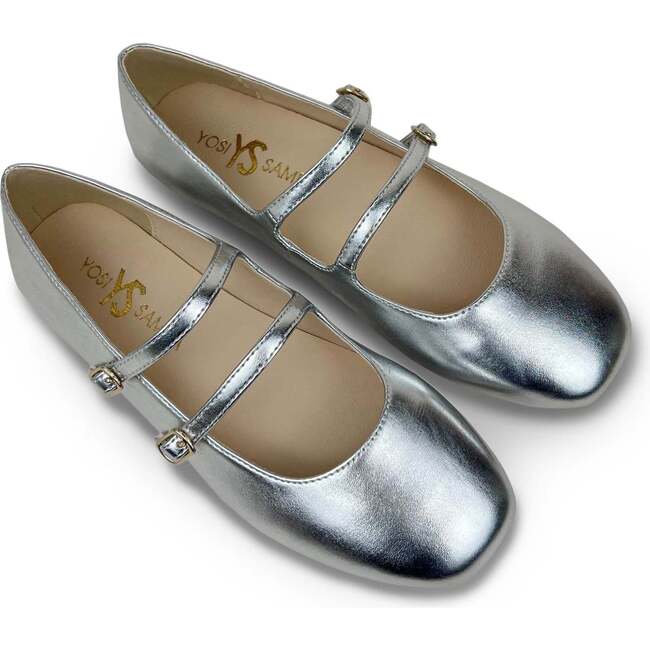 Miss Mary Jane Double Buckle Straps Rubber Sole Flats, Silver - Mary Janes - 4