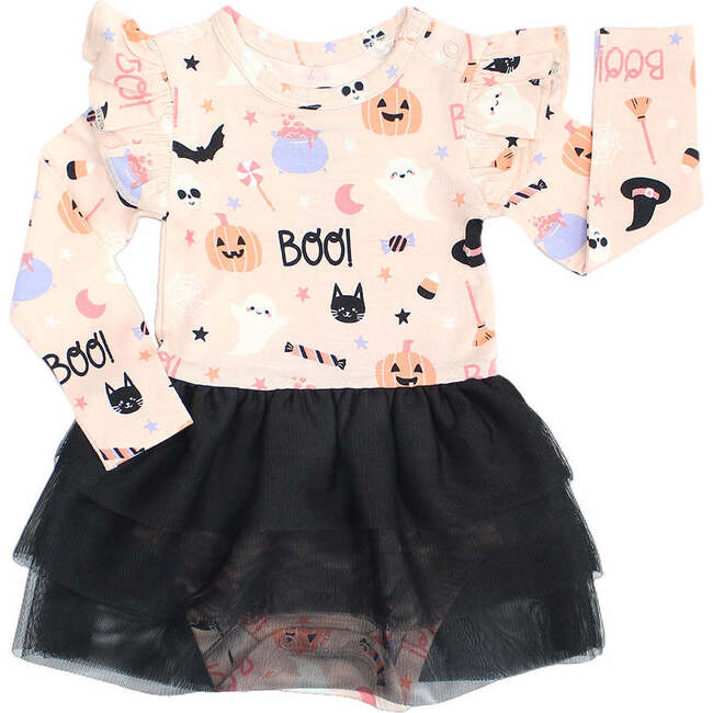 Sweet and Spooky Glow-in-the-Dark Halloween Ruffled Long Sleeve Skirted Bamboo Onesie Pink/Multi