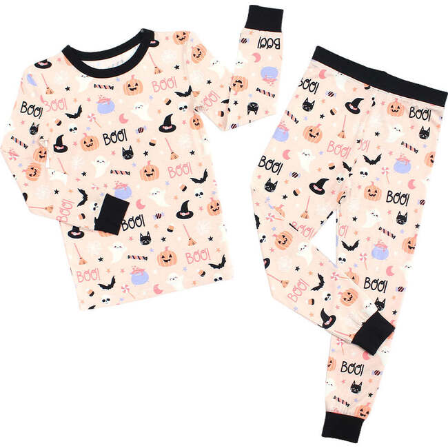 Sweet and Spooky Glow-in-the-Dark Halloween Two-Piece Bamboo Long Sleeve Kids Pajama Pants Set Pink/Multi