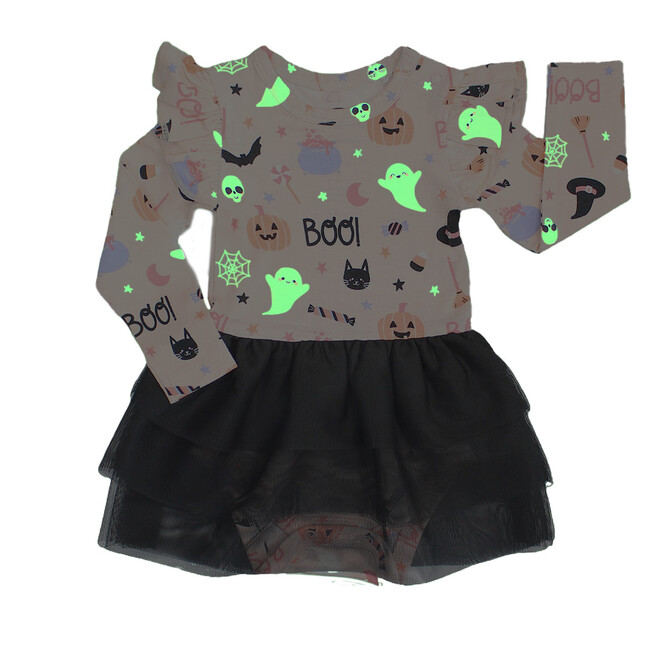 Sweet and Spooky Glow-in-the-Dark Halloween Ruffled Long Sleeve Skirted Bamboo Onesie Pink/Multi - Bodysuits - 2