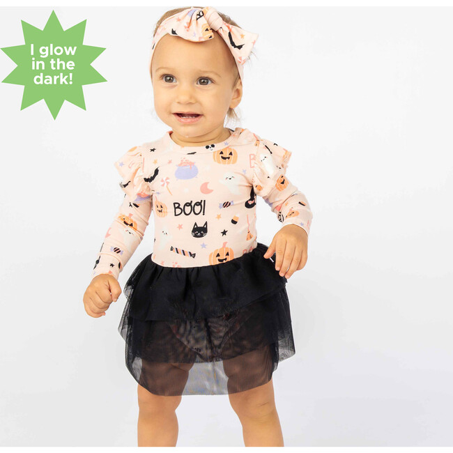 Sweet and Spooky Glow-in-the-Dark Halloween Ruffled Long Sleeve Skirted Bamboo Onesie Pink/Multi - Bodysuits - 3