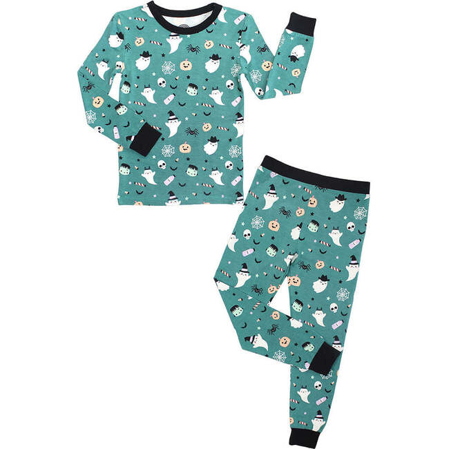 Boo Crew Glow-in-the-Dark Halloween Two-Piece Bamboo Long Sleeve Kids Pajama Pants Set Green/Multi