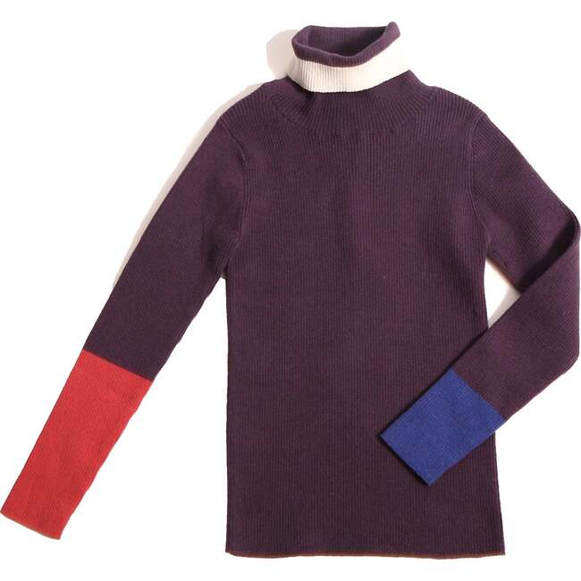 Patchwork Ribbed Turtleneck, Prune Mix