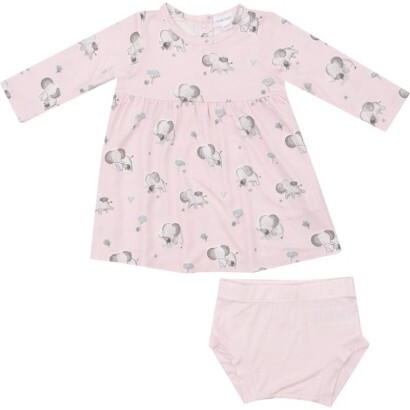 Gray Elephants Pink Simple Dress And Bloomer, Pink