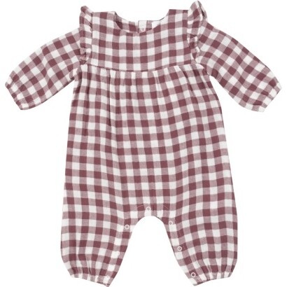 Gingham Plum Ruffle Sleeve Romper, Plum