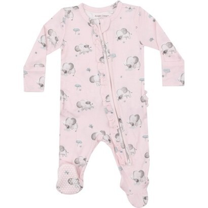 Gray Elephants Pink 2 Way Ruffle Zipper Footie, Pink