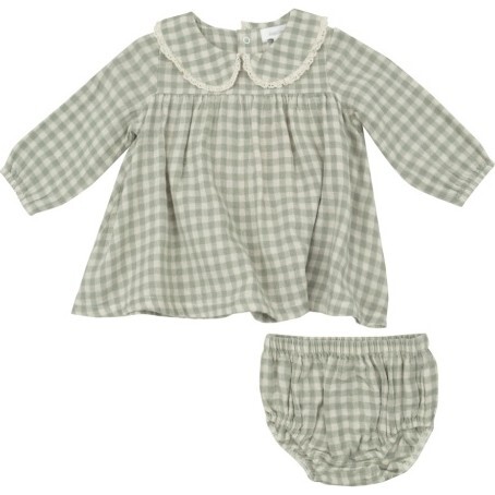 Mini Green Gingham Peter Pan Collar Dress And Rib Legging, Green