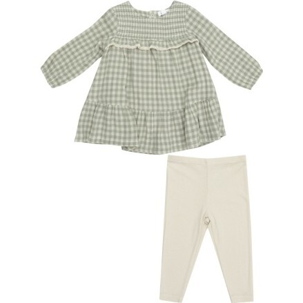 Mini Green Gingham Smocked Ruffle Tiered Dress And Ribbed Legging, Green