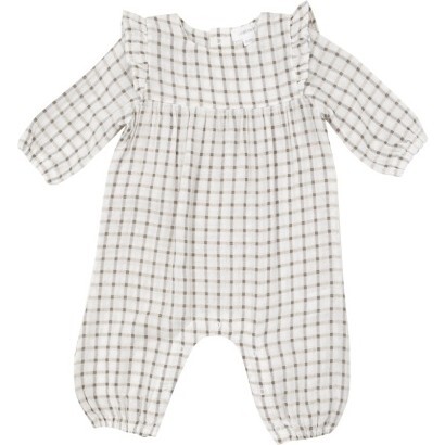 Cozy Plaid Ruffle Sleeve Romper, Beige