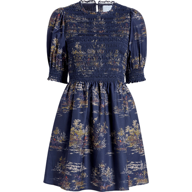 The Women's Vivi Print High Neck Puff Sleeve Midi Dress, Navy Equestrian Toile