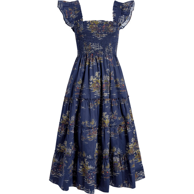 The Women's Ellie Print Ruffle Shoulder A-Line Nap Dress, Navy Equestrian Toile